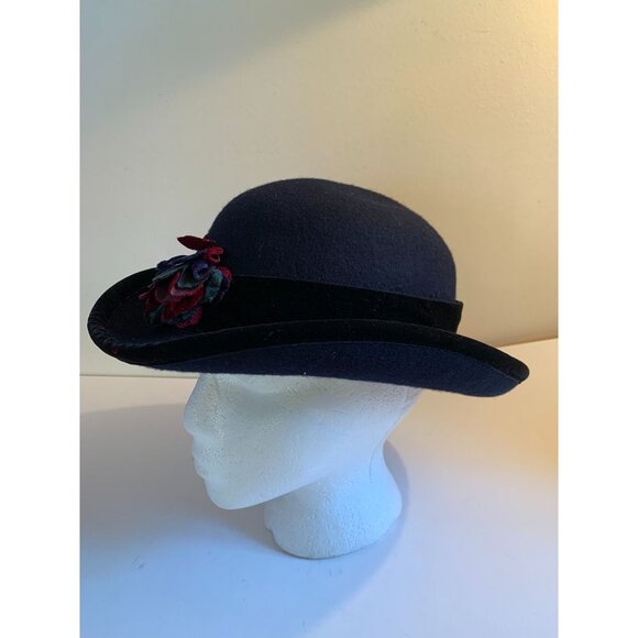 Vintage 90s Womens Blue Wool Brim Hat W Flower Velvet Band